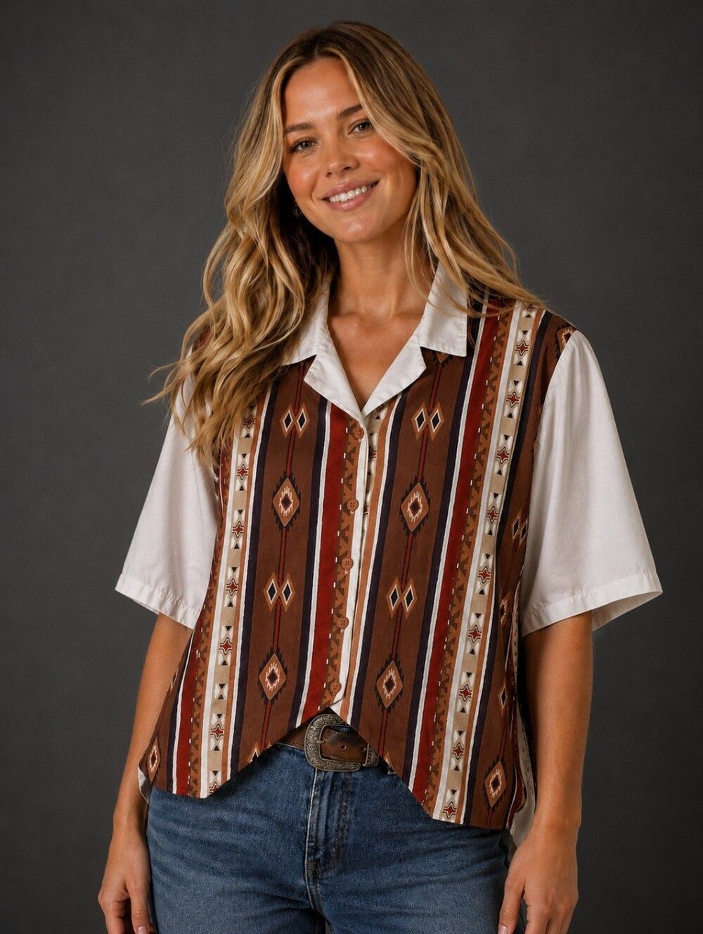 Women's Western Button Down Shirt Casual Blouse Cowgirl Rodeo Vintage 80s